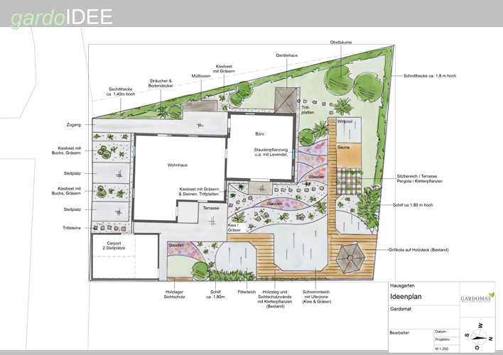 Ideenplan für mediterranen Garten mit Schwimmteich, Stauden & Kräuterbeet