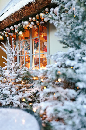 Vom Schnee eingestäubte Nadelgehölze & weihnachtliche Dekoration.